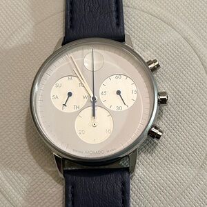 Movado FACE Watch With 43mm White Chronograph Face & NavyBlue Leather Band